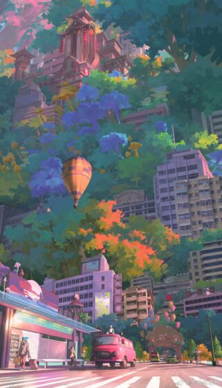 ảnh anime phong cảnh góc phố nhiều màu