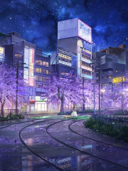 ảnh anime phong cảnh hoa tím đầy đường