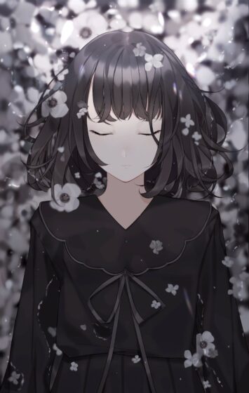 ảnh anime trắng đen nữ buồn bên cánh hoa