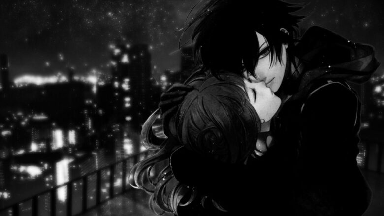 hình anime trắng đen cặp đôi hôn môi