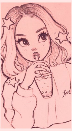 Hình vẽ cô gái đang uống trà sữa