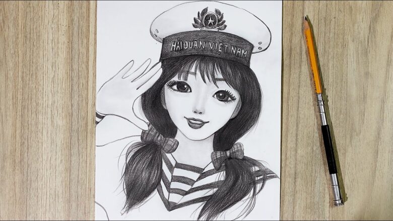 Hình vẽ cô gái hải quân bằng bút chì