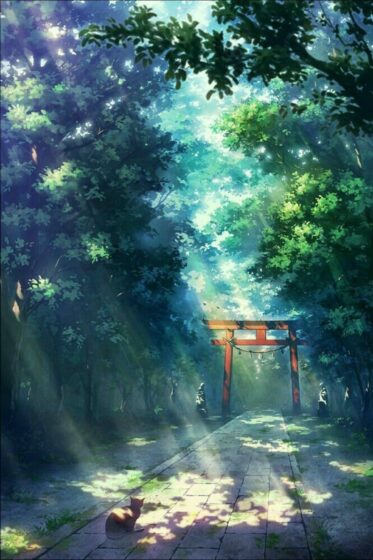 ảnh anime phong cảnh ánh nắng xuyên qua hàng cây