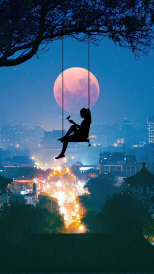 ảnh anime phong cảnh cô gái và ánh trăng