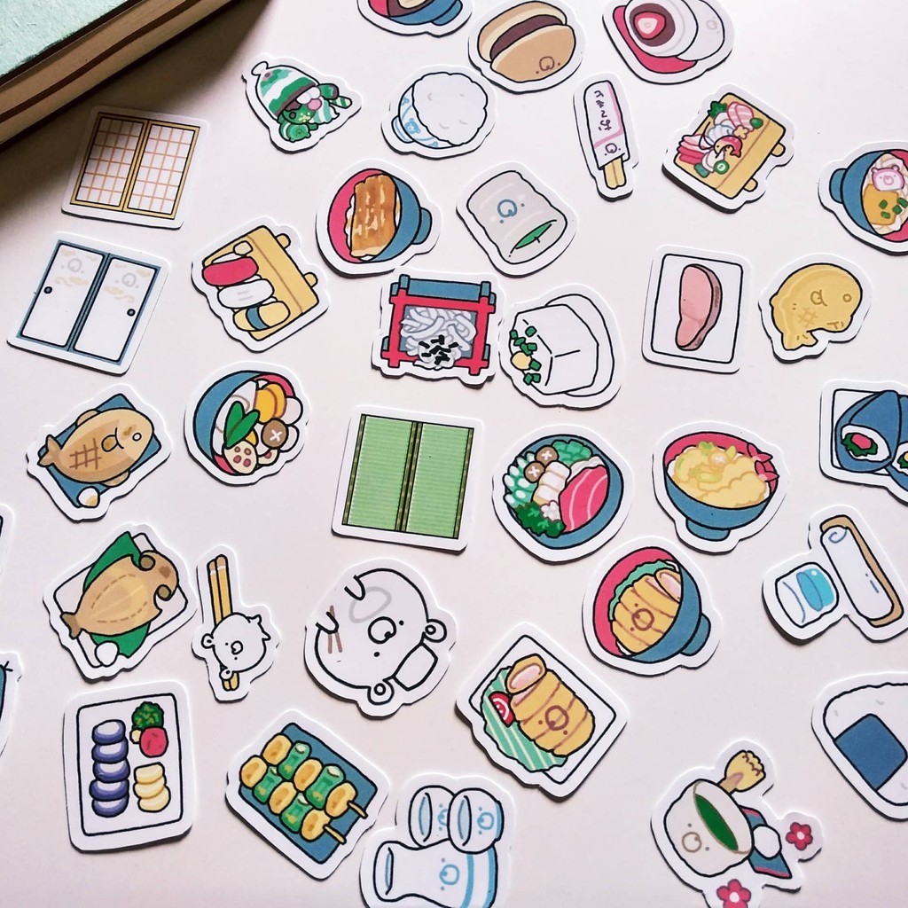Set 57 sticker miếng dán icon tròn cute hình khuôn mặt đồ ăn đồ tiện ích