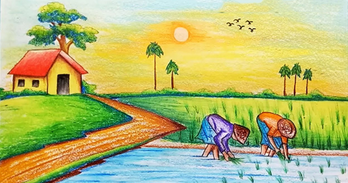 Tranh vẽ phong cảnh đồng lúa vàng làng quê TSD 220  FurniBuy