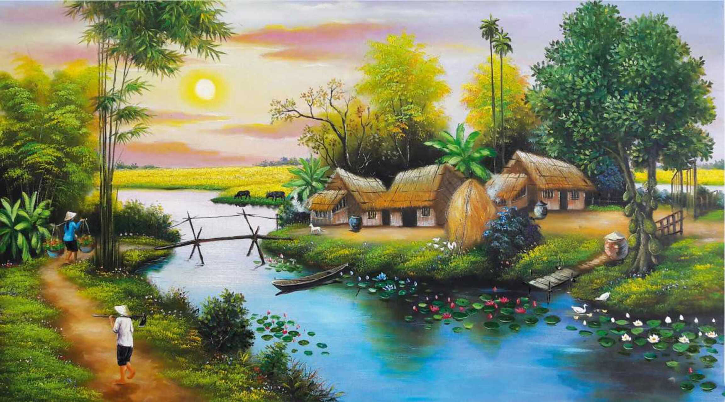Mẫu tranh phong cảnh đồng quê mùa thu hoạch lúa vẽ sơn dầu Amia 227