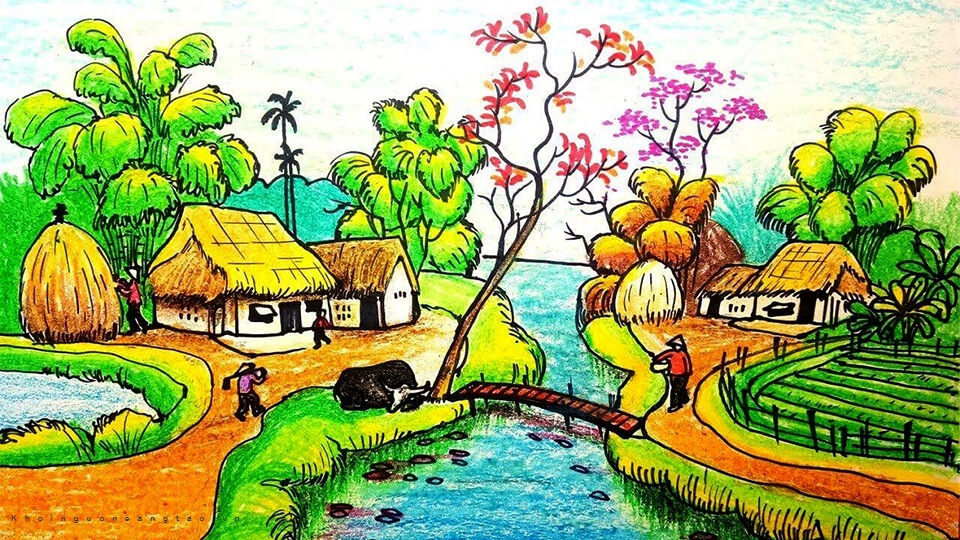 Tranh đồng quê vẽ phong cảnh đồng quê Việt Nam một trong những bức tranh  vẽ phong cảnh làng quê đẹp nhất