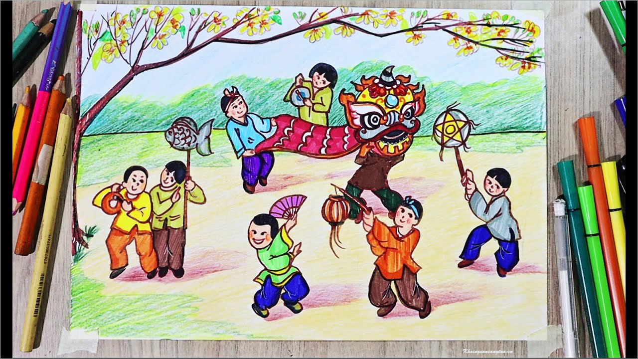 Hãy thưởng thức một bức tranh về lễ hội đầy sắc màu, nét vẽ khéo léo thể hiện tinh hoa văn hóa Việt Nam. Nhìn vào tranh, bạn sẽ cảm nhận được tinh thần hân hoan, đoàn viên và tràn đầy niềm vui của người dân.