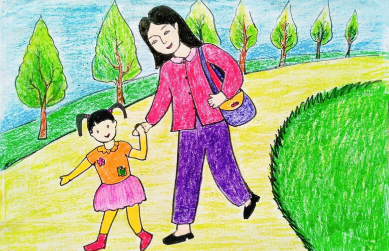 vẽ tranh mẹ cầm tay bé đi đến trường