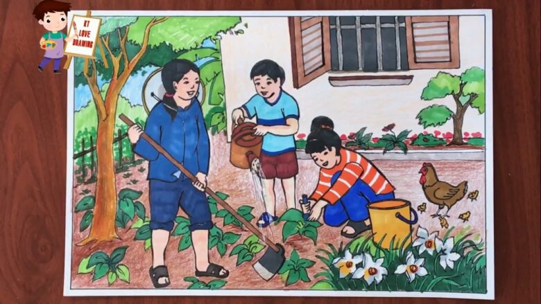 Vẽ tranh mẹ- em và mẹ cùng trồng cây