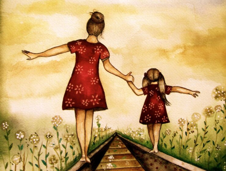 vẽ tranh mẹ và con gái nắm tay đi trên đường ray xe lửa
