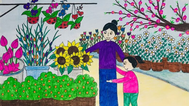 Malen Tet Urlaub mit Mama zu Fuß zum Blumenmarkt