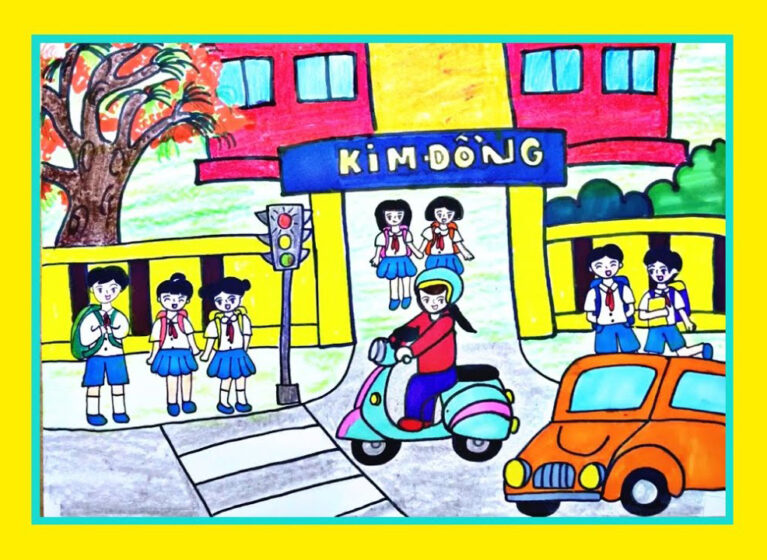 Vẽ tranh trường em giao thông trước cổng trường