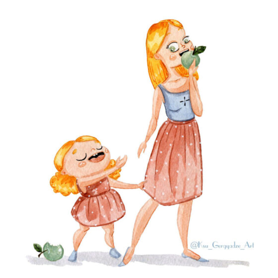 hình vẽ mẹ và con gái đẹp chibi đang ăn táo