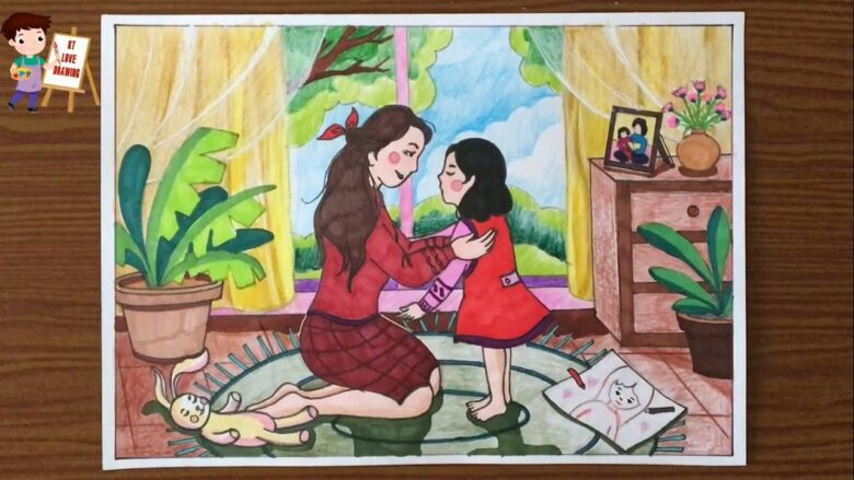 tranh vẽ mẹ và con gái đẹp của học sinh