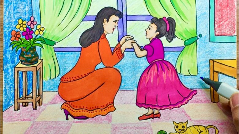tranh vẽ mẹ và con gái đẹp nắm tay nhau dễ nhất