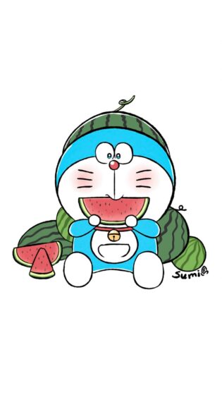 Hình nền Doremon ăn dưa hấu