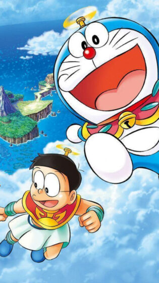 Hình nền Doremon đang bay cùng Nobita
