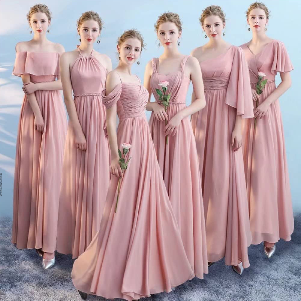 váy phù dâu thuê váy phù dâu lệch vai màu hồng