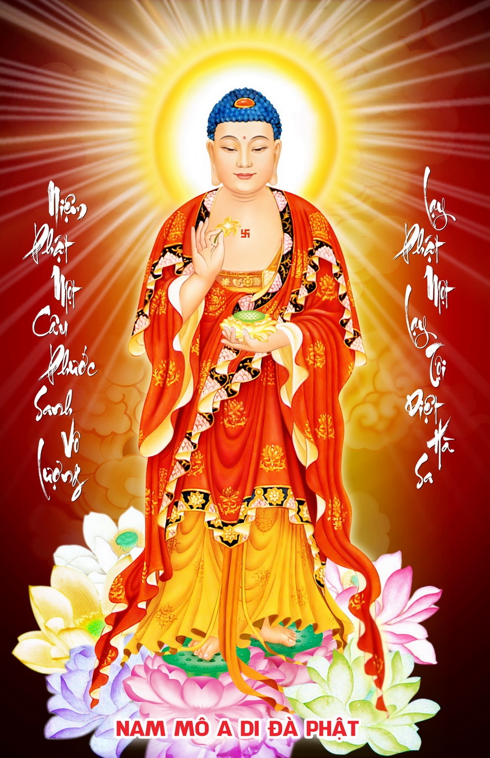 Nếu bạn yêu thích Phật giáo thì hình ảnh Phật A Di Đà chắc chắn sẽ là một điểm dừng chân tuyệt vời cho bạn. Hãy chiêm ngưỡng tác phẩm nghệ thuật này để cảm nhận tình yêu, niềm tin và sự tha thứ mà Phật giáo mang lại.