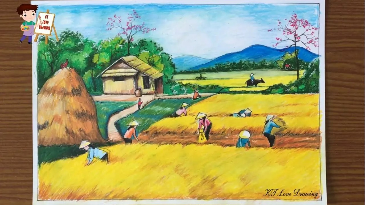 22+ Vẽ Tranh Gặt Lúa Đẹp, Bình Yên, Gợi Nhớ Ký Ức Khi Còn Bé