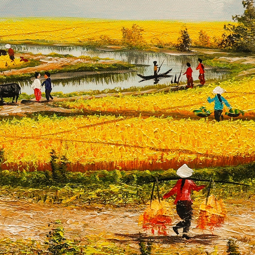 Tranh Vẽ Phong Cảnh Quê Hương Gặt Lúa