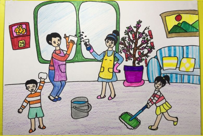 tranh vẽ đề tài thiếu nhi làm nghìn việc tốt giúp đỡ cha mẹ làm việc nhà
