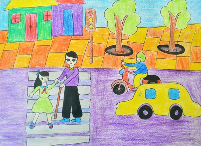 vẽ tranh thiếu nhi làm nghìn việc tốt bé giúp người khiếm khuyết qua đường
