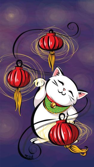 Vẽ mèo thần tài xách lồng đèn